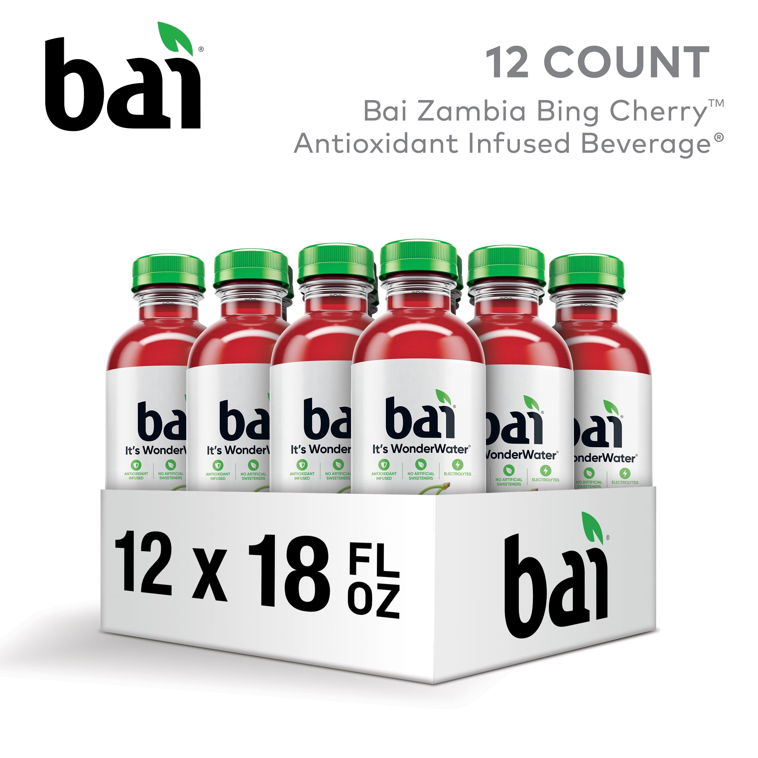 Bai Zambia Bing Cherry Antioxidant Infused Water Beverage, 18 fl oz, 12 Pack Bottles