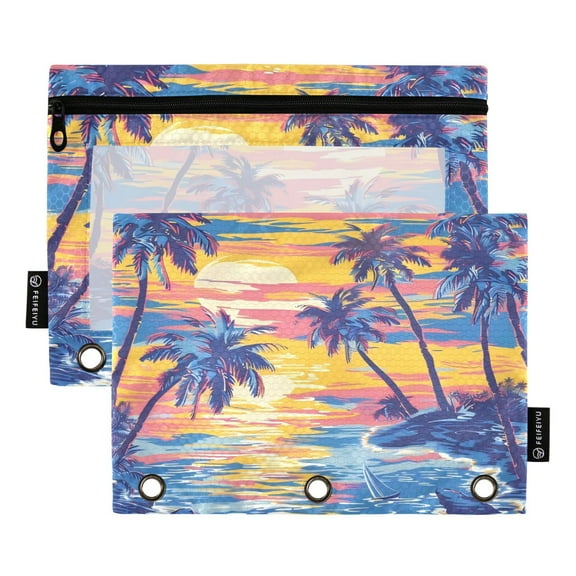 2 Pack Pencil Bag 9.84x6.1 Inch 3-Ring Page Turning Folder Zipper Pencil Case Pencil Bag Page Turning File BagSunset Beach