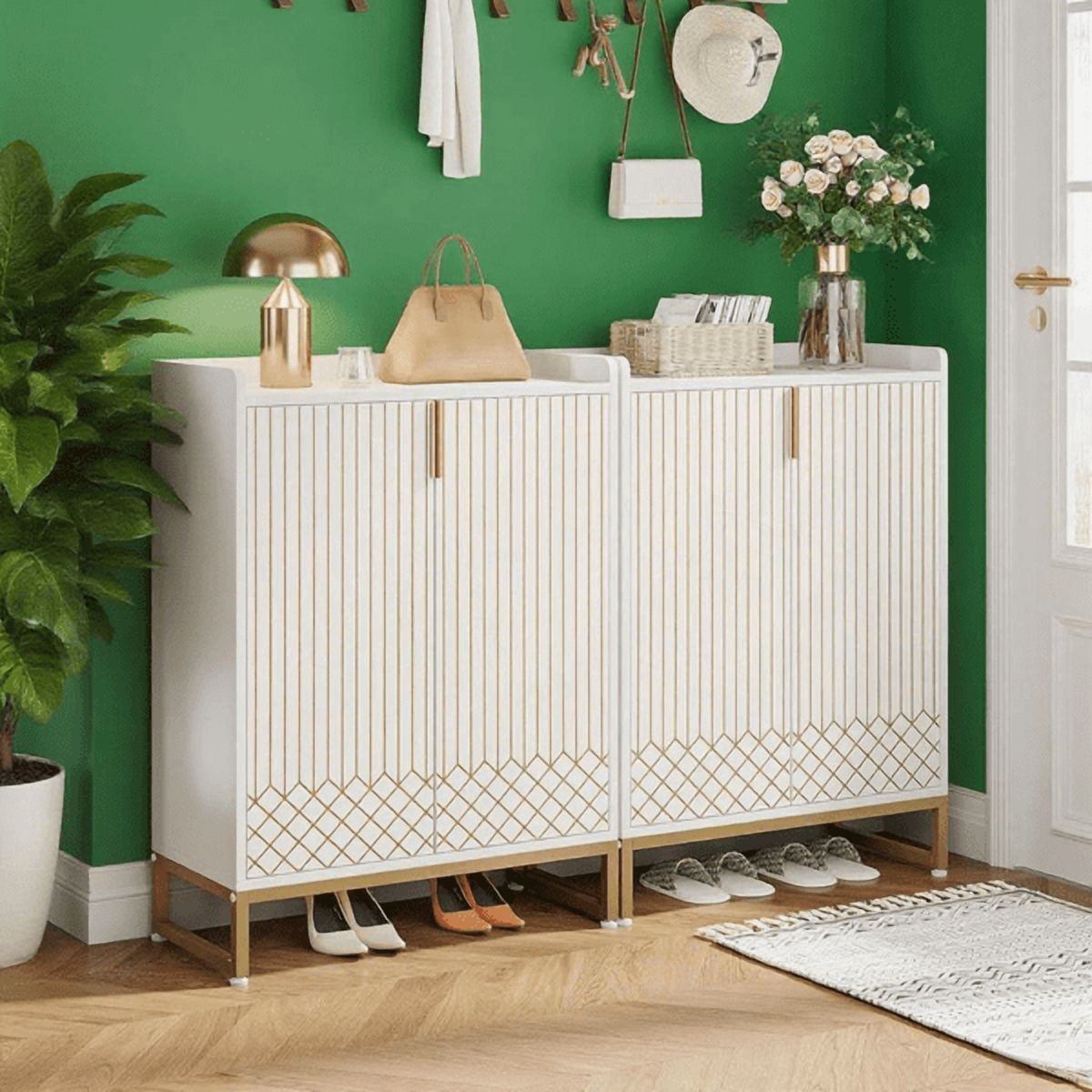 5-Tier Shoe Cabinet - White with Gold Accents, 20-25 Pair Capacity, Slim Vertical Design, MDF & Steel Legs, Modern Minimalist for Entryway/Hallway