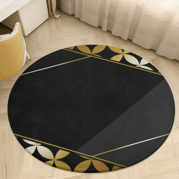 Gold Black Line Abstract Geometric 3D Pattern Round Area Rugs for Bedroom Living Room, 4FT Soft Indoor Circle Carpets, Carpet Home Decor Floor Mat