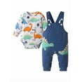 thumbnail image 2 of Infant Baby Boy Clothes Dinosaur Long Sleeve Romper + Animal Style Suspender Pants Outfit Set Blue 0-3 Months, 2 of 7