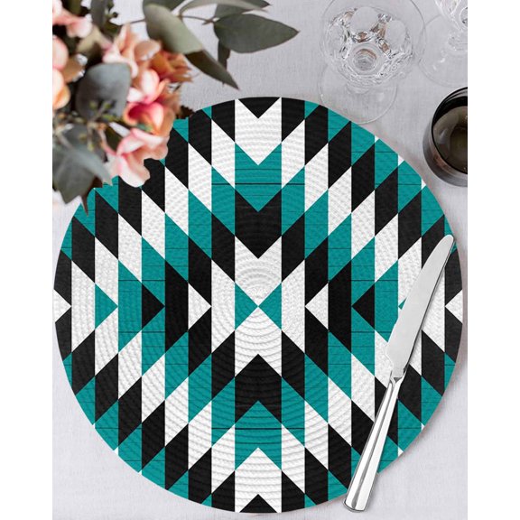 15 Inch Round Placemats Set of 6, Turquoise Aztec Non Slip Heat Insulation PP Table Mats, Black White Southwest Vintage Geometric Washable Place Mats for Kitchen Dining Party Table Decor