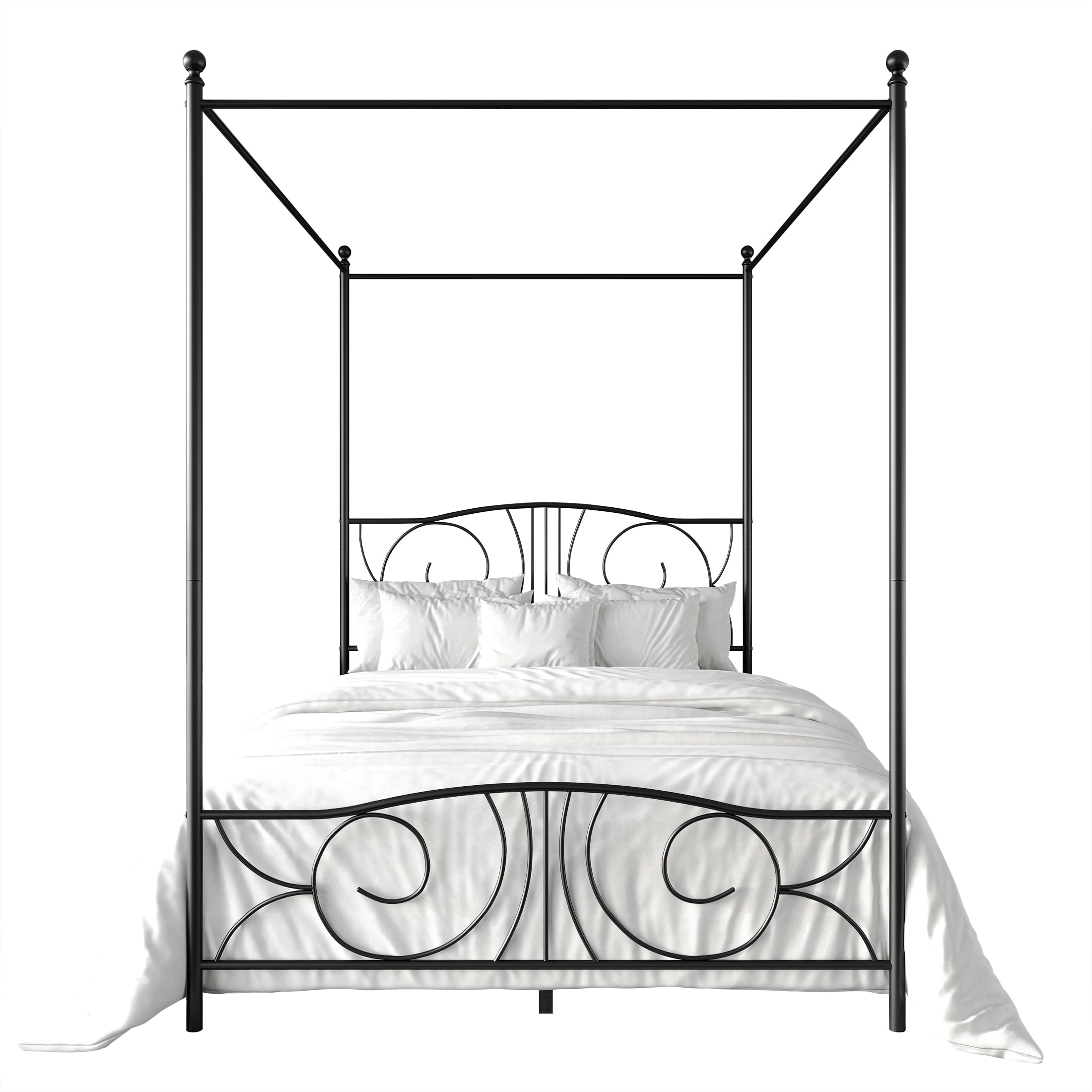 Castle Place Ornate Ironwork Full Metal Platform Canopy Bed, Black