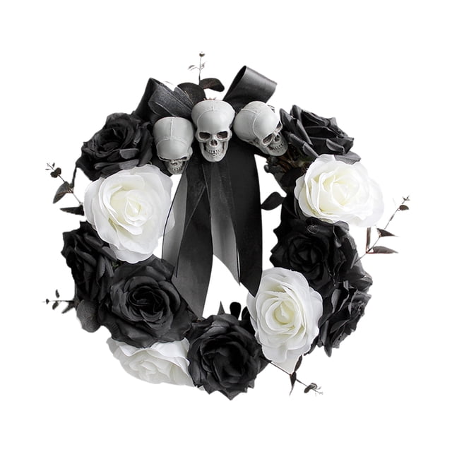 Colgador de puerta Guirnalda de la puerta delantera de Halloween Flor de rosa artificial Cabeza de calavera Bowknot Guirnalda colgante para la pared Fiesta de Halloween Decoración de la casa embrujad Irfora Colgador de puerta