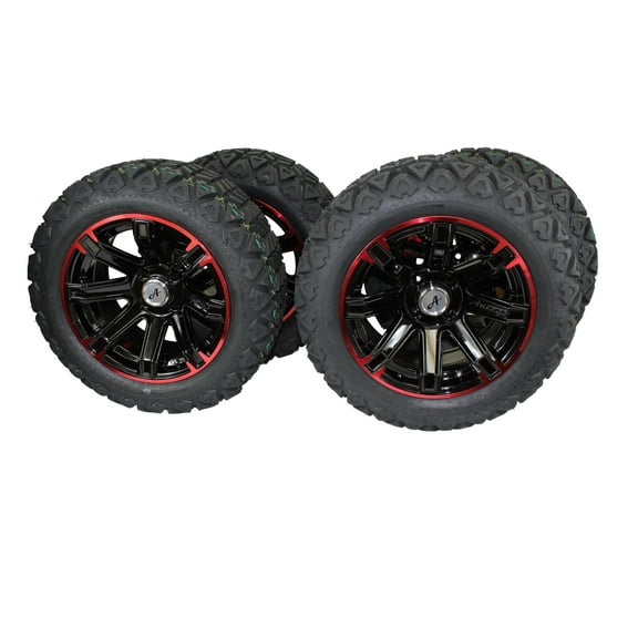 Antego Tire and Wheel (Set of 4) 23x10.00-14 Tire w/ 14x7 Glossy Black/Red Aluminum Wheel Assemblies