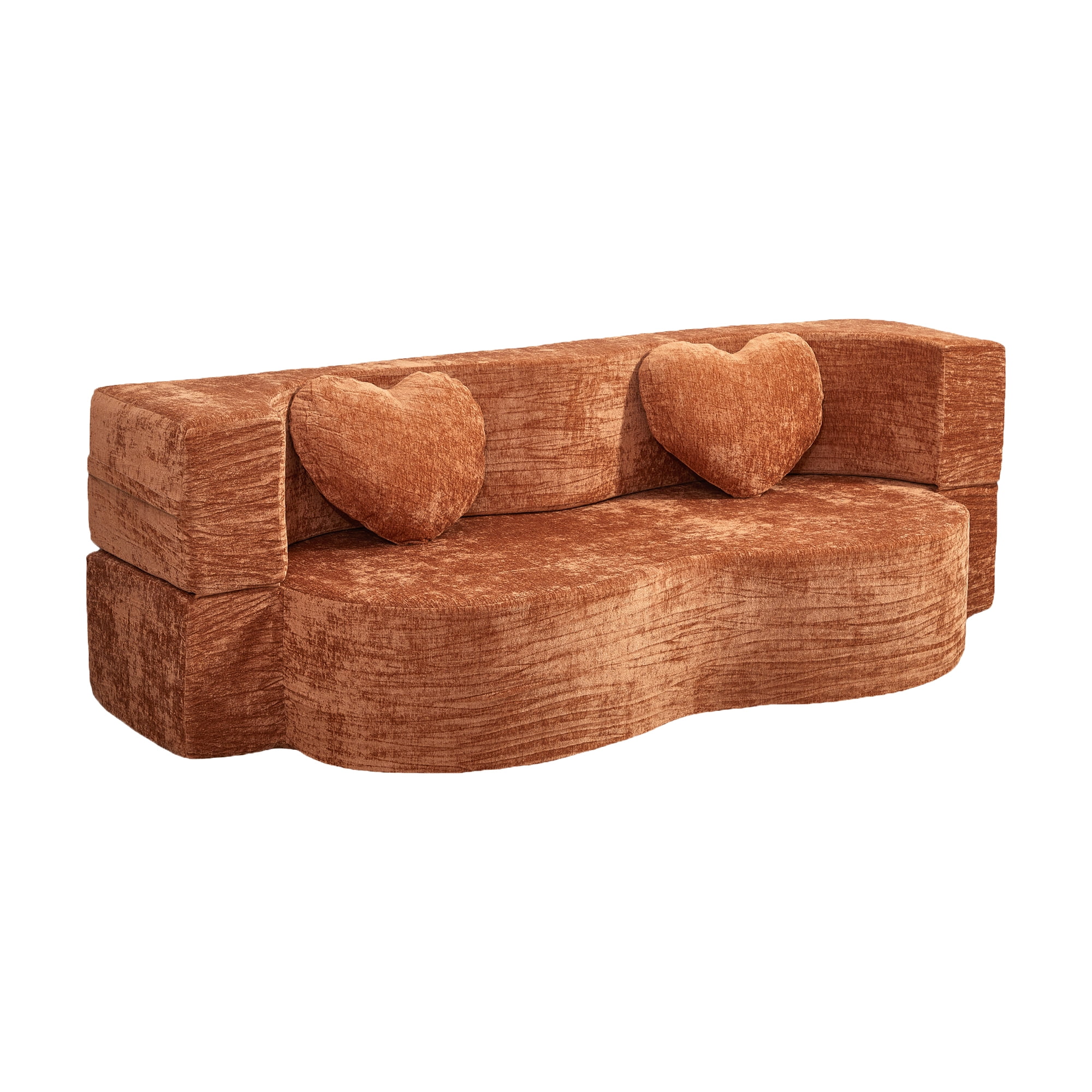 78.74"W Heart-Shaped Convertible Sofa,Floor Couch,Sleeper Sofa Bed,No Assembly High-Density Sponge Loveseat with 2 Heart Pillows for Living Room, Apartment,Burnt Orange