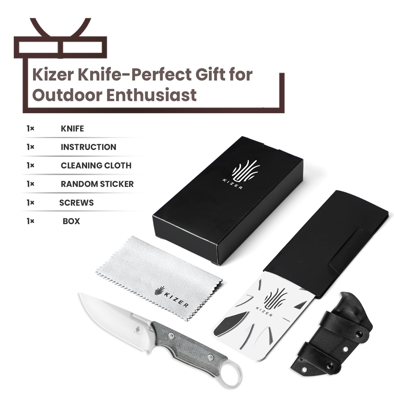 Kizer Cabox Fixed Blade Knife D2 Steel Blade Micarta Handle, 1048A1
