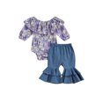 thumbnail image 1 of Qmyliery Baby Girl Pants Suits, Purple  Off Shoulder Romper + Flare Long Pants Set, 1 of 9