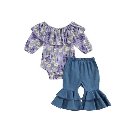 

Sunisery Toddler Girl Bell Bottoms Outfits Sunflower Off Shoulder Romper One Piece Denim Flared Pants Summer Jean Outfits