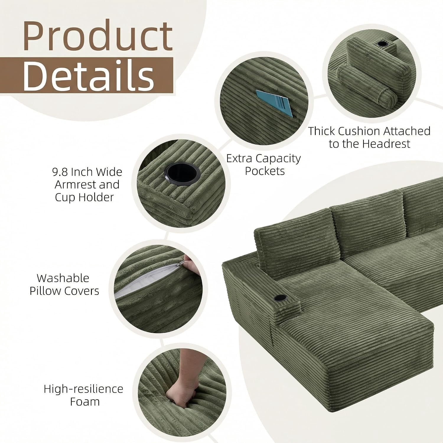 134" Compressible U Shaped Modular Sectional Sofa Set, Minimalist Corduroy Cloud Couch for Living Room, No Assembly Required