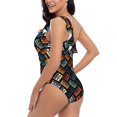 thumbnail image 4 of Cauagu Retro Tape Print Women's Sexy One Piece Swimsuits One Shoulder Ruffle Tummy Control Bathing Suit Slimming Swimwear-Small, 4 of 6