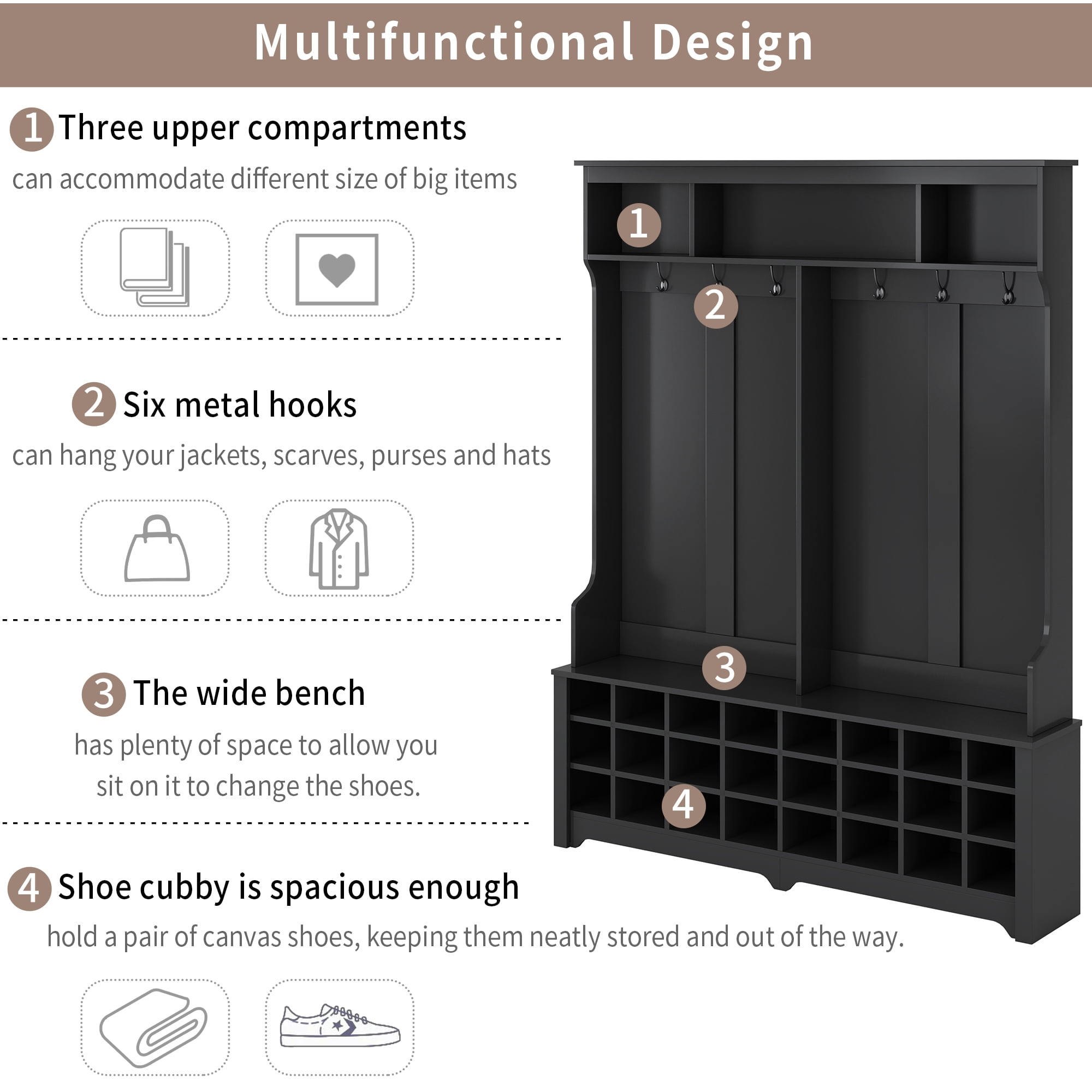 Aukfa 60" Wide Hall Tree with Storage and 24 Shoe Cubbie - Black