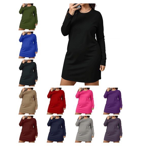 Busydd Plus Size Sleep Dresses for Women Fashion Oversized Solid Color Long Sleeve Dress Casual Basic Round Neck Mini Fall Dresses L