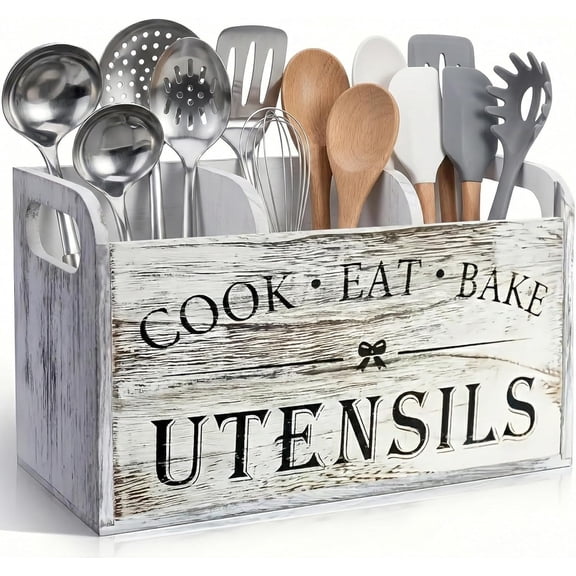 Rustic White Wooden Utensil Holder for Kitchen Counter Decor,Extra Large Kitchen Utensil Holder Silverware Caddy Farmhouse Wood Cutlery Holder