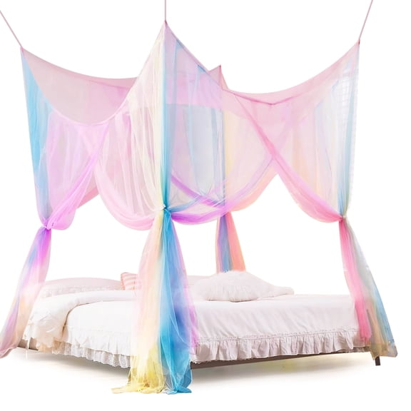 Mosquito Net for Bed, Colorful Rainbow Bed Canopy Curtain, Four-Corner Netting with 4 Openings, Dream Polyester Bed Drape, Fits Full/Queen/King, 82.7 x 94.5 x 74.8 inch