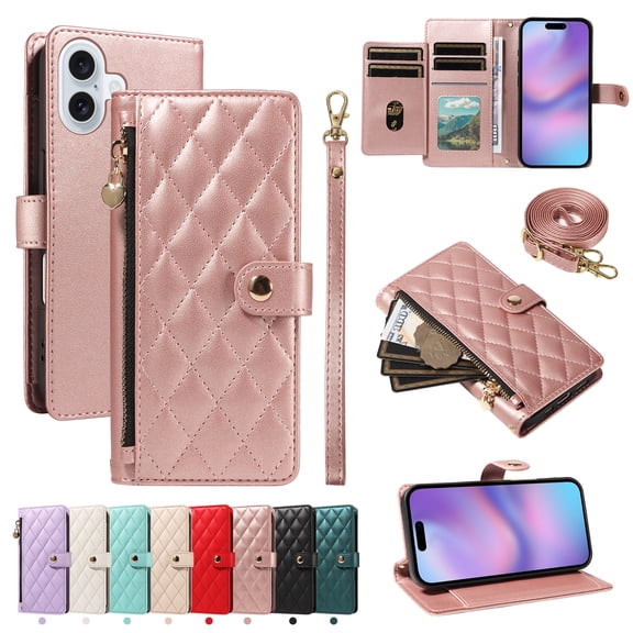 For iPhone 17 Wallet Case with Zipper Card Slots,RFID Blocking Large Capacity Elegant PU Leather Magnetic Flip Case Crossbody Strap Hand Lanyard for Travel / Daily Carrying,Rosegold