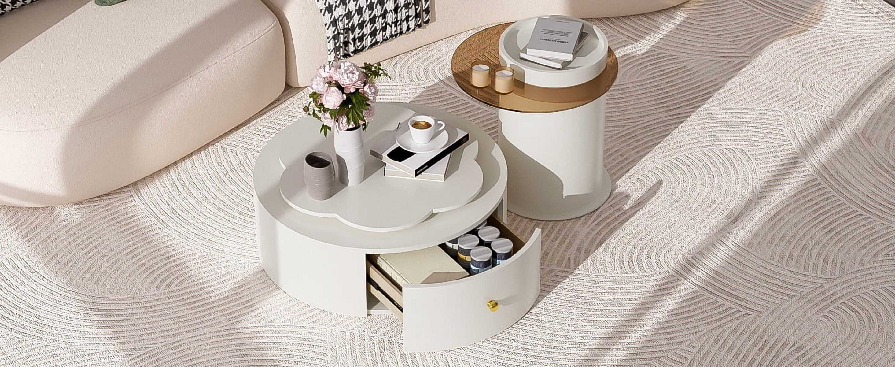 Euroco Rotating Flower-Shaped Coffee Table Set with Glass Side Table & Storage Drawers