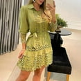 thumbnail image 2 of Elainilye Fashion Womens Dress Plus Size V-Neck Summer Solid Long Sleeve Lace Patchwork Mini Dress with Belt,Yellow, 2 of 7