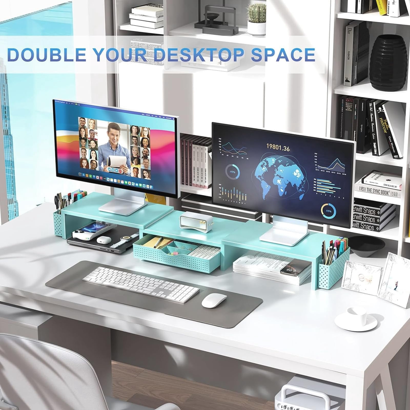 Dual Monitor Stand Riser  Desk Organizer With Drawer And 2 Pen Holders For Office Decor (blue)