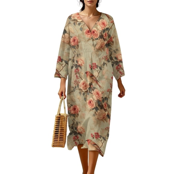 DISNIMO Bird Flower Print Womens Casual Maxi Dresses Loose V Neck Shift Dress Casual 3/4 Sleeve Dresses Imitation Linen Fashion Long Dress for Women, S