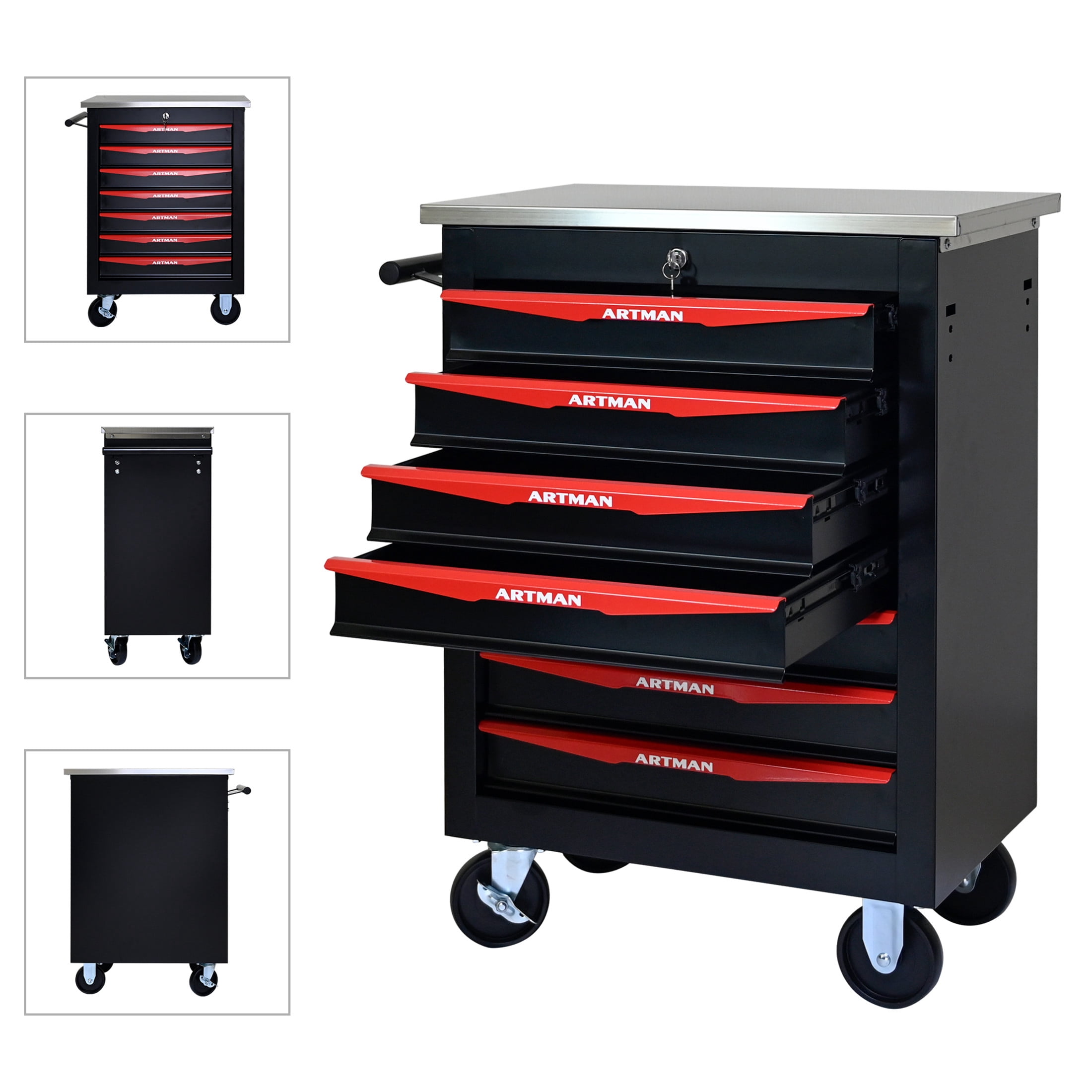 Noble House 7-Drawer Rolling Tool Organizer Cart, Steel Mobile Chest Storage with Worktop for Garage Workshop, Black