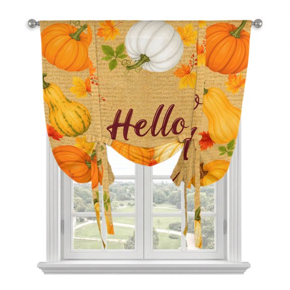Hello Fall Tie Up Curtains for Windows, Balloon Window Shades, Thanksgiving Orange Yellow Pumpkin Farmhouse Kitchen Window Treatments Roll Up Curtain for Basement/Nursery 52"x45"