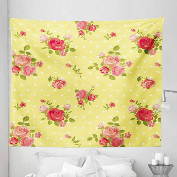 Rose Tapestry, Old Fashioned Pattern Feminine Romantic Bouquets Corsage on Dotted Backdrop, Fabric Wall Hanging Decor for Bedroom Living Room Dorm, 5 Sizes, Yellow Coral Green, by Ambesonne