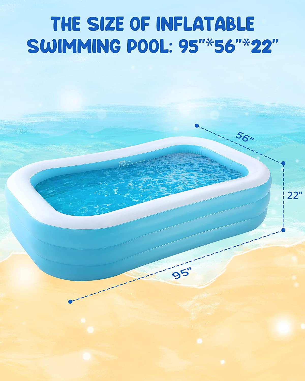 Naipo 95In Inflatable Swimming Pool Family Inflatable Pool Full-Sized Blow Up Pool Square Easy Set 95''*56''*22'' For Summer Play