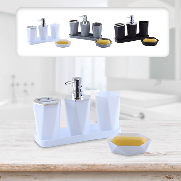 Xihbxyly Juego de Accesorios de Baño, Kit Organizador Completo de 5 Piezas, Dispensador de Jabón, Portacepillos, Jabonera, Bandeja, Diseño Moderno y Elegante, Multiusos, Tamaño 17 X 7 Cm