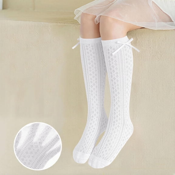 Girls Summer Solid Color Knee High Socks Bowknot Knit Mesh Dress Socks Kids Cute Soft Comfy Breathable Socks White 3-10 Years