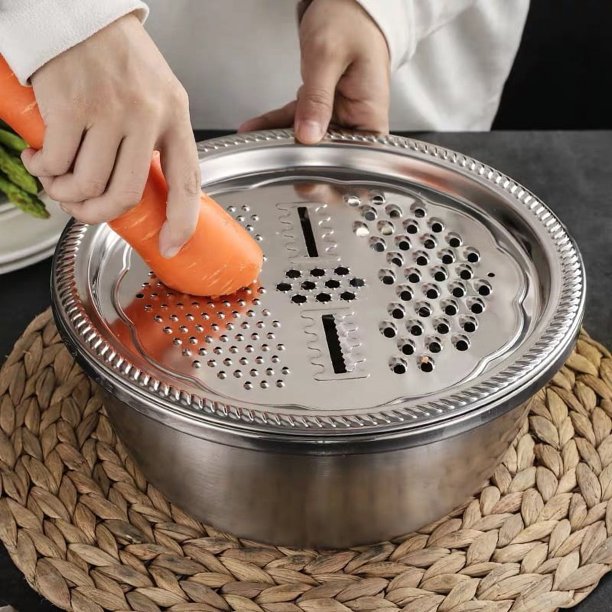 Juego de tres piezas de palangana cepilladora de alambre multifuncional de acero inoxidable, palangana escurridora espesa, palangana para cocina doméstica, palangana para arroz