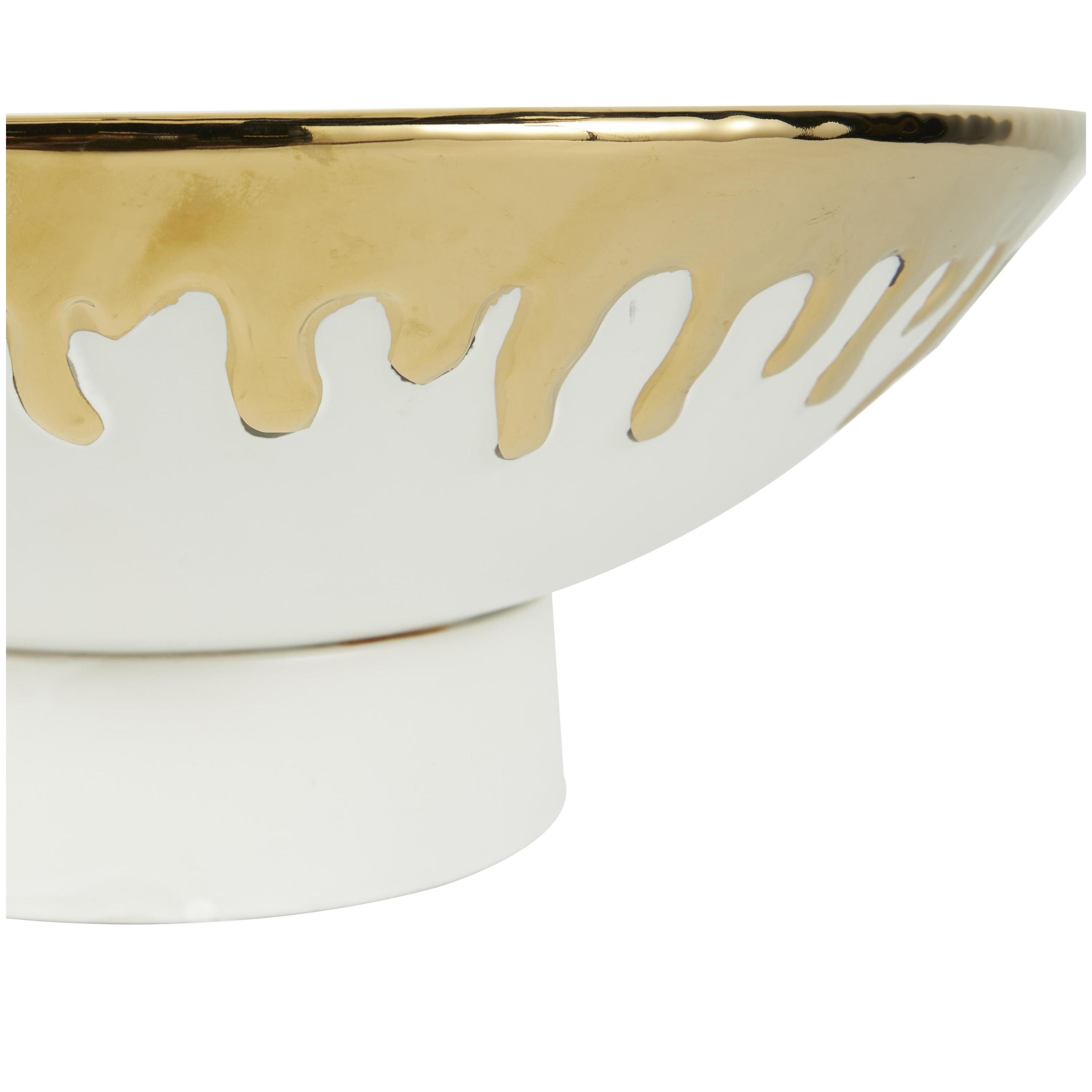 CosmoLiving by Cosmopolitan 15" Round White Ceramic Decorative Bowl with Abstract Gold Melting Drips