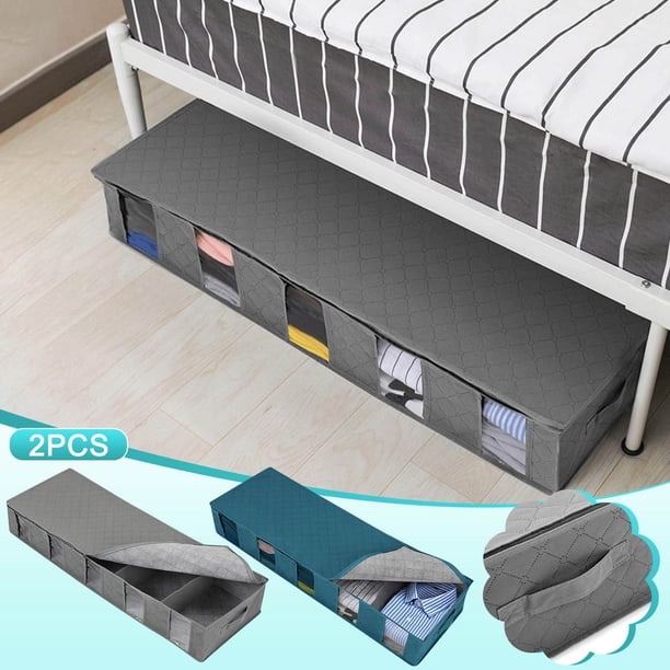 Fiudx Almacenamiento Bajo Cama, Paquete de 2 Contenedores con Asas Reforzadas, Tela Gruesa, Diseño de 5 Compartimentos, Ventanas Transparentes de Pvc, Organización de Armario, Ahorro de Espacio, Negr