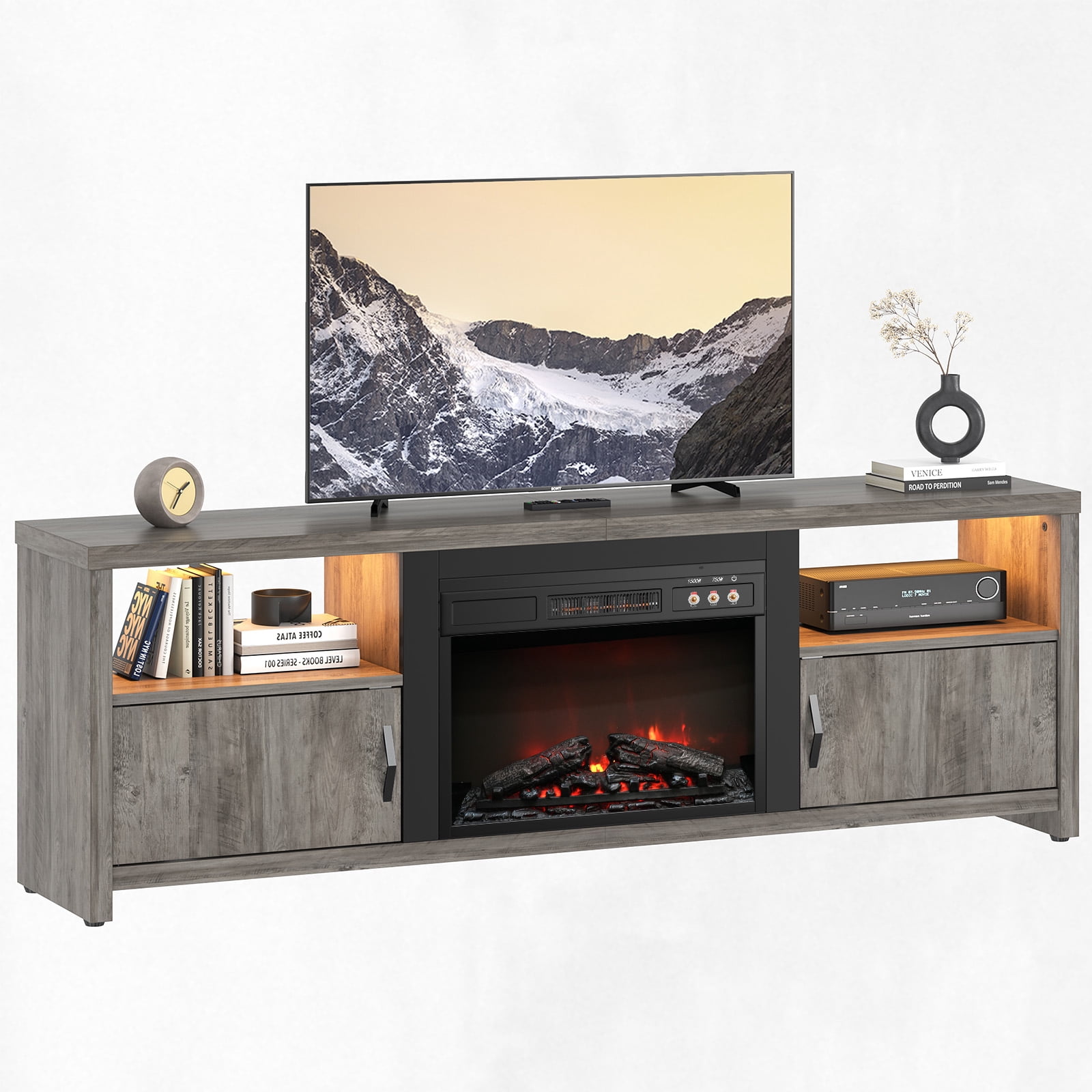 Bestier 71 inch Electric Fireplace TV Stand for TVs up to 75", Modern Entertainment Center with LED Lights, Wash Grey