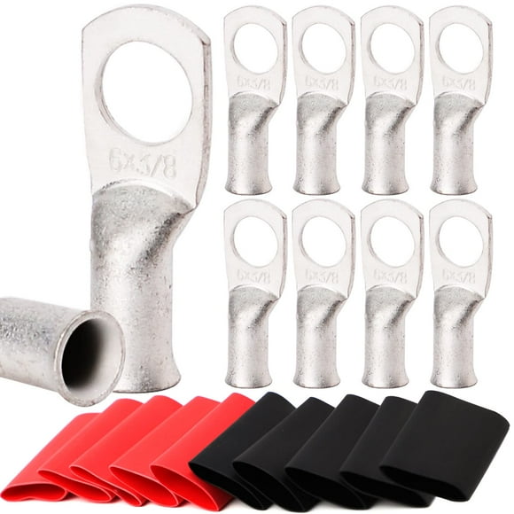 TKDMR 10 Pcs 6 Crampons en Fil de Cuivre de Qualité Marine Awg-3/8 Pouces, avec Tuyauterie Rétractable à la Chaleur 3:1, Embouts de Câble de Batterie UL, Crampons de Câble Robustes, Illets en Cuivre Teintés, Bornes Tubulaires