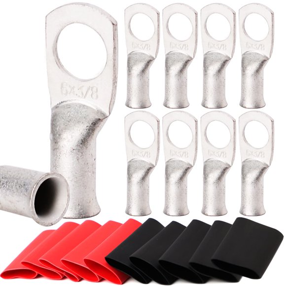 TKDMR 10 Pcs 6 Crampons en Fil de Cuivre de Qualité Marine Awg-3/8 Pouces, avec Tuyauterie Rétractable à la Chaleur 3:1, Embouts de Câble de Batterie UL, Crampons de Câble Robustes, Illets en Cuivre Teintés, Bornes Tubulaires