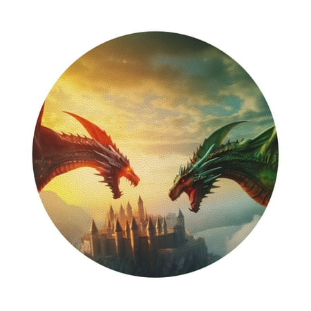 

Coaee Castle Red Green Sky Dragon Print Leather Coasters Set of 6 Non-Slip Washable Cup Coasters for Home Office Bar Round Shape
