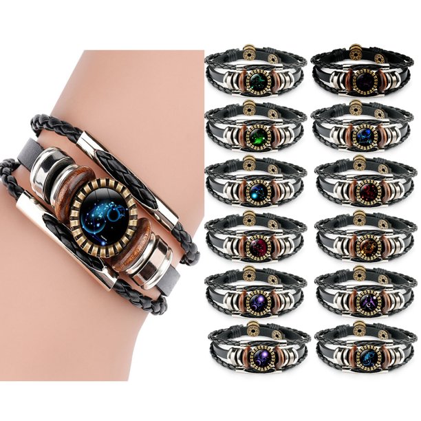 Ganfancp 12 Constelación Pulsera Pulsera de Cuerda de Cuero Señoras Hombres Tejido a Mano Pulsera de Cuerda Punk Cadena Puños Ofertas y Liquidaciones 1 Brazalete