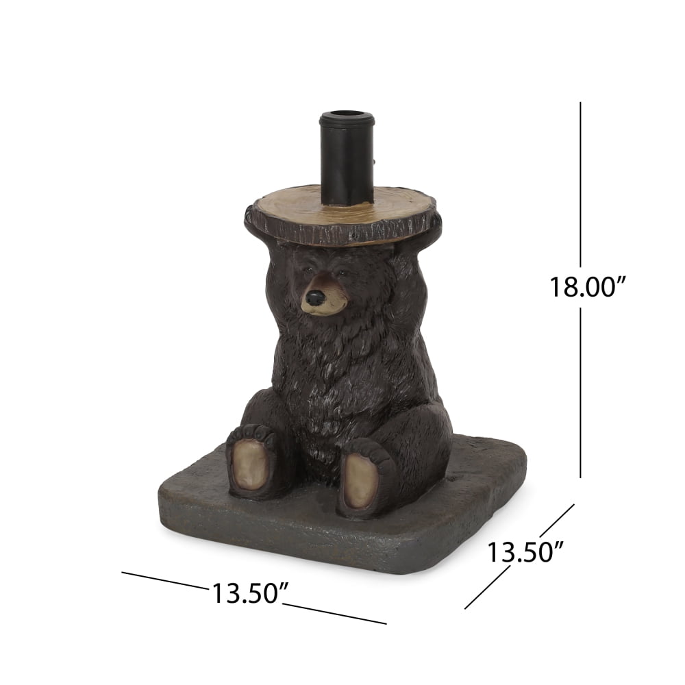Bear Patio Umbrella Base, Lightweight Concrete with Resin Finish, Dark Brown Decorative Umbrella Stand, No Assembly Required