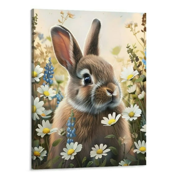 BCIIG  bunny in blue and white flowers Canvas Wall Art Easter Wall Decor Rabbit Portrait Animal Picture Painting Decor For Bedroom Home Bathroom Poster Wild Decor Unframed 16''x20''