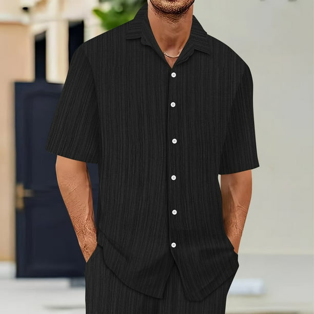 pstuiky Camisa de manga corta para hombre, Conjunto informal de verano para hombre, de color liso, de manga corta, con solapa y cordón elástico en la cintura. ropa de hombre m