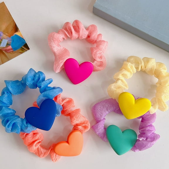 NICEXMAS 5Pcs Ponytail Holders with Heart Charm Comfortable Fabric and Resin Assorted Colors