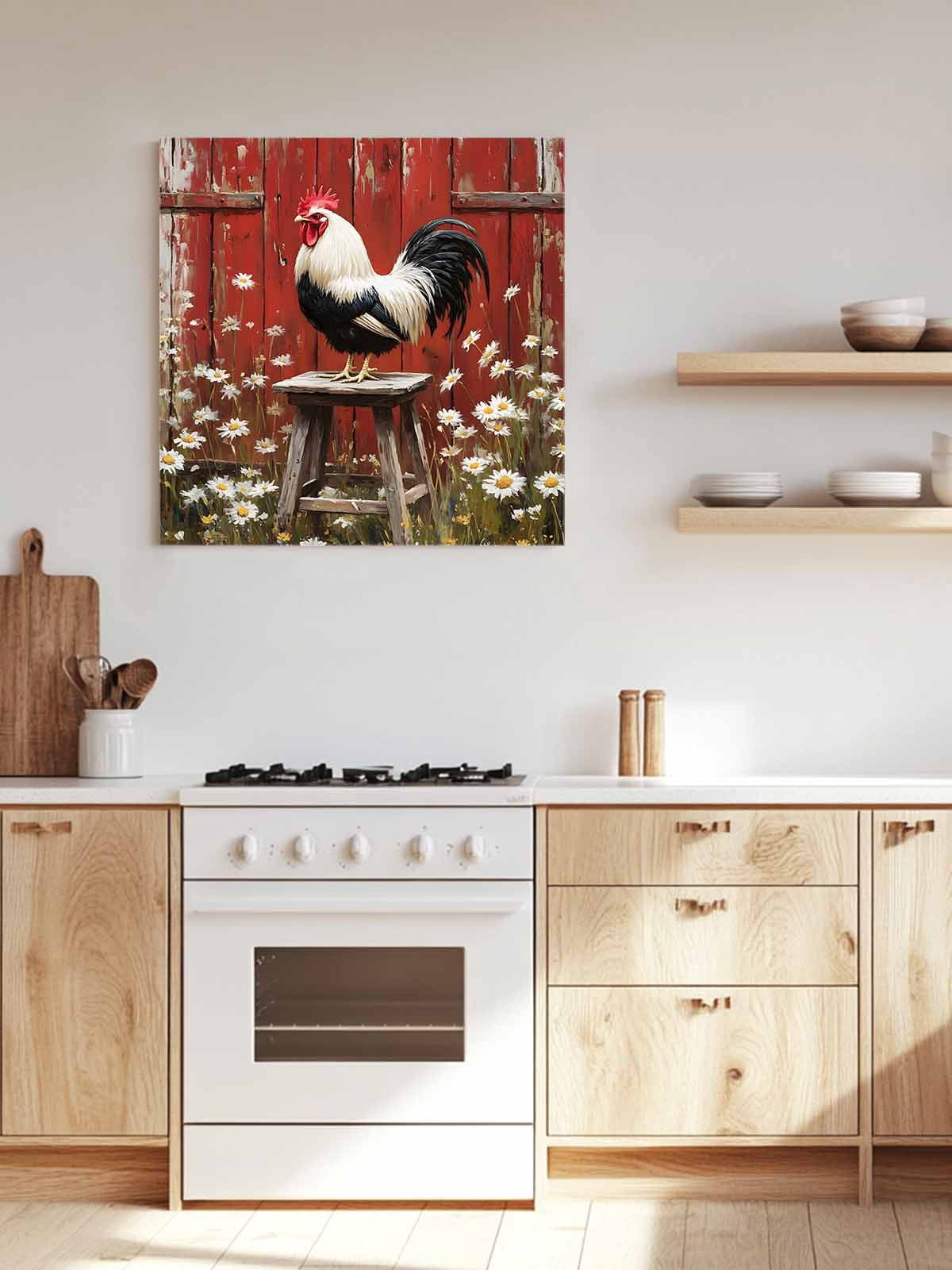 Rustic Farmhouse Canvas Wall Art, Rustic Red Barn Rooster Wildflowers Framed Wall Decor Modern Artwork Prints Painting for Living Room, Bedroom, Kitchen & Cafe Decor 16x16 Inch