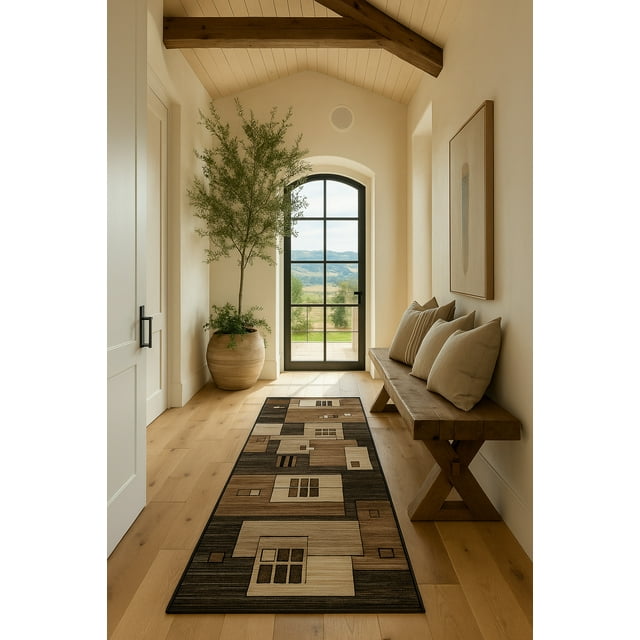 Rug Branch Shizen 2' x 15' (2'3" x 15') Brown/Beige Geometric Indoor Runner Rug, Contemporary, Medium Pile, Stain-Resistant Hallway Carpet - Entryway, Mudroom, Bedroom, and Kitchen