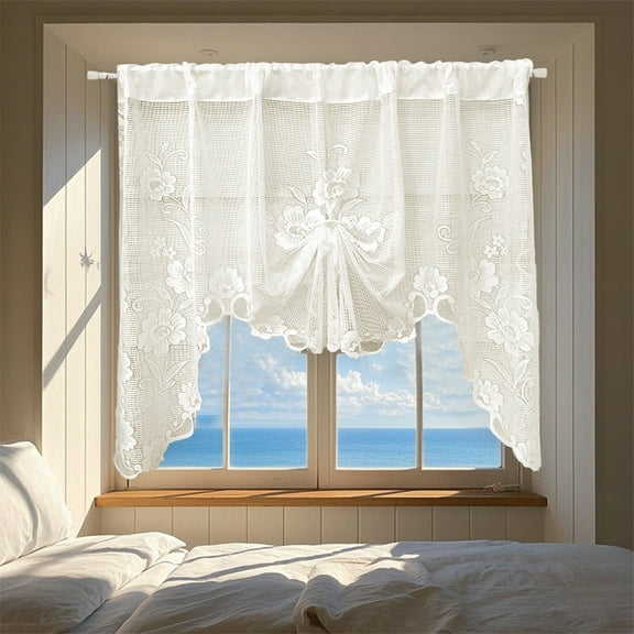Fmxomd Semi-Sheer Floral Lace Curtain Swag for Kitchen Half Window Bathroom Decoration Rod Pocket,59 x 39 Inch, 1 Panel, Beige