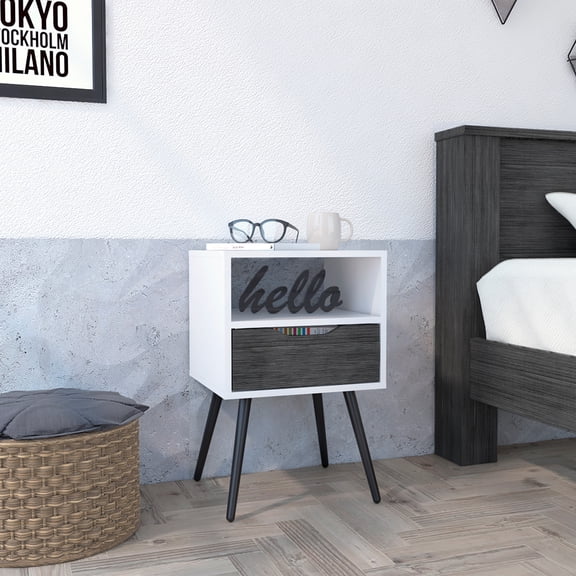 CoSoTower 1-Drawer 1-Shelf Nightstand Smokey Oak And White