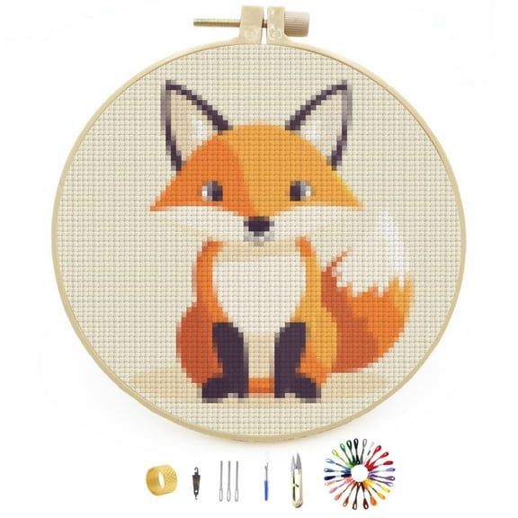 Cartoon Cute Fox Easy Stamped Cross Stitch Kits for Beginners with Hoop Simple Patterns 11CT Counted Embroidery Needlepoint Crafts Arts for DIY Enthusiasts and Home Decor 26x26cm(3)