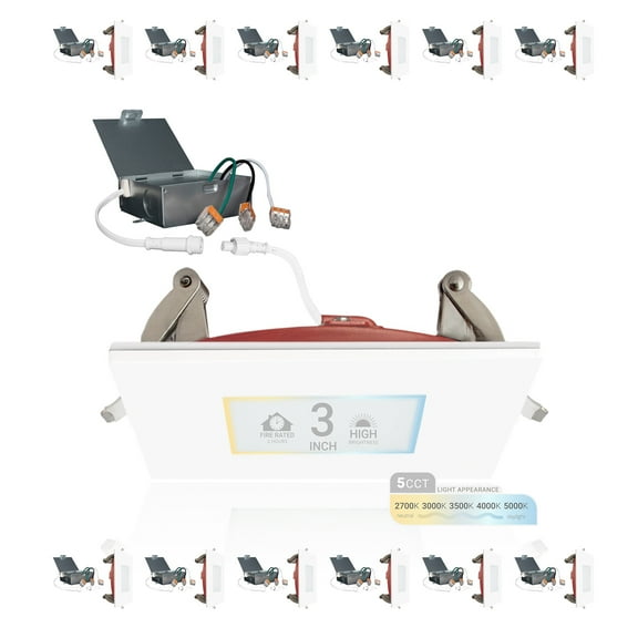 NuWatt 3 in. 2 HR Fire Rated Slim Square Canless LED Recessed Light 5CCT 550LM IC Rated 12PK