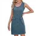 thumbnail image 1 of Vestido de Fiesta Corto Ajustado con Cuello Redondo, Sin Mangas, de Punto, con Botones y Bolsillos para Mujer (Verano 2025) Azul Profundo XXL, 1 of 9