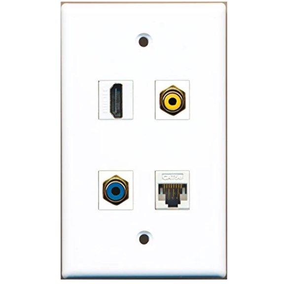 RiteAV - 1 Port HDMI 1 Port RCA Yellow 1 Port RCA Blue 1 Port Cat5e Ethernet White Wall Plate